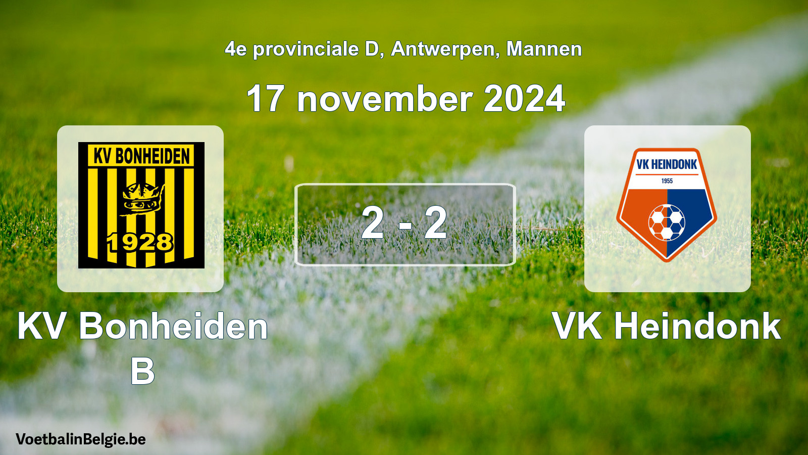 Gespeelde wedstrijd mannenvoetbal: KV Bonheiden B - VK Heindonk 2 - 2 (17 november 2024)