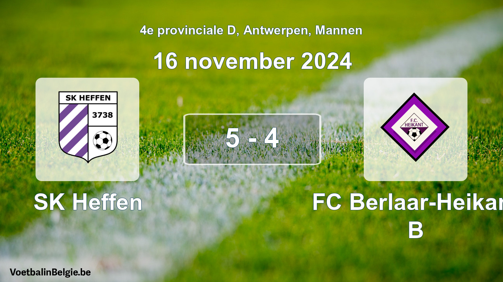 Gespeelde wedstrijd mannenvoetbal: SK Heffen - FC Berlaar-Heikant B 5 - 4 (16 november 2024)