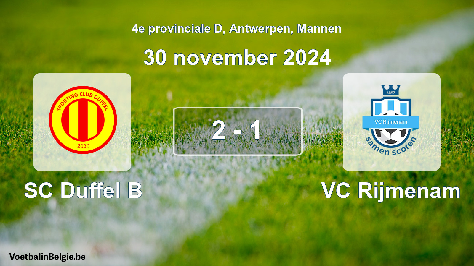 Gespeelde wedstrijd mannenvoetbal: SC Duffel B - VC Rijmenam 2 - 1 (30 november 2024)