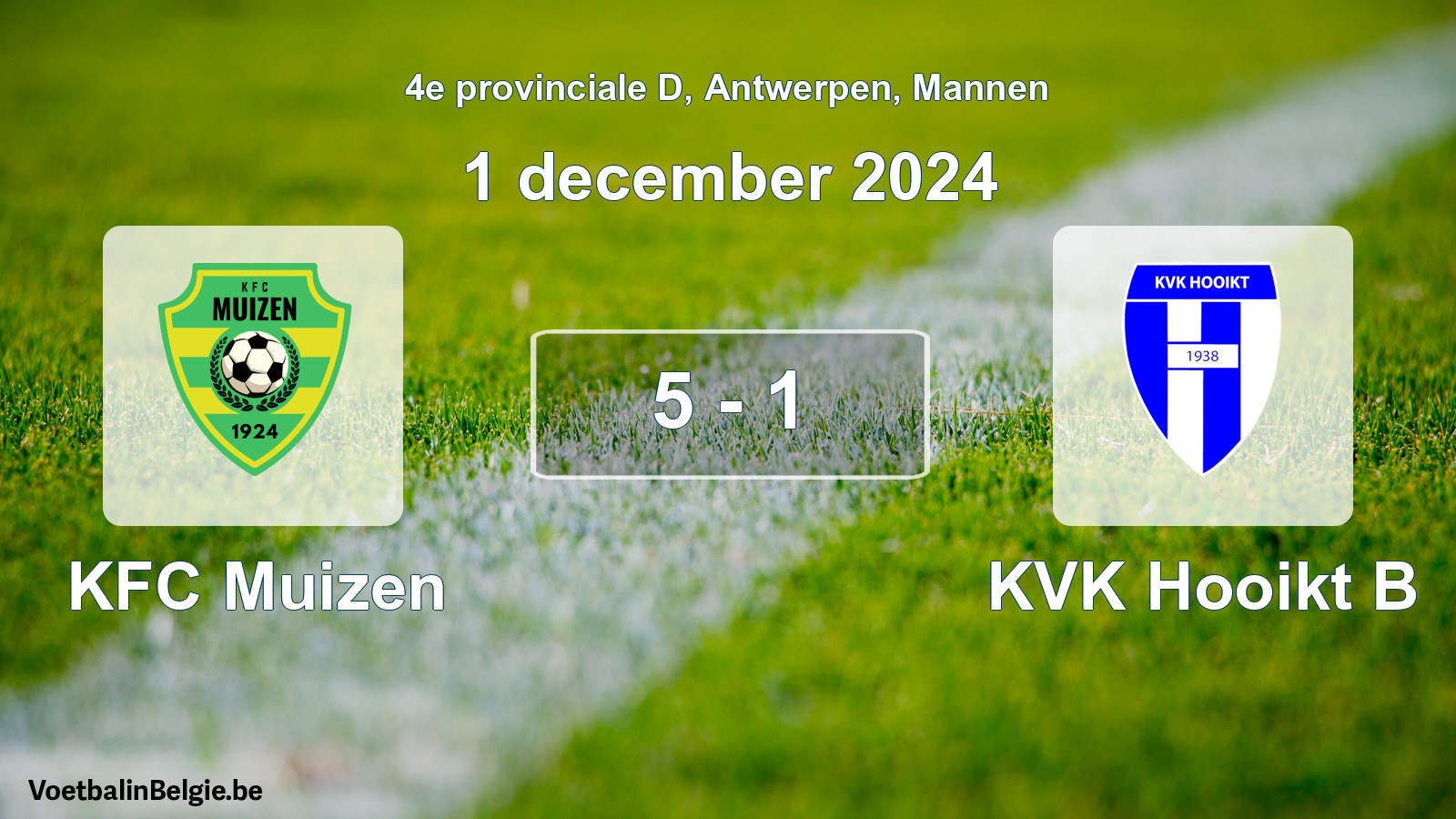 Gespeelde wedstrijd mannenvoetbal: KFC Muizen - KVK Hooikt B 5 - 1 (1 december 2024)
