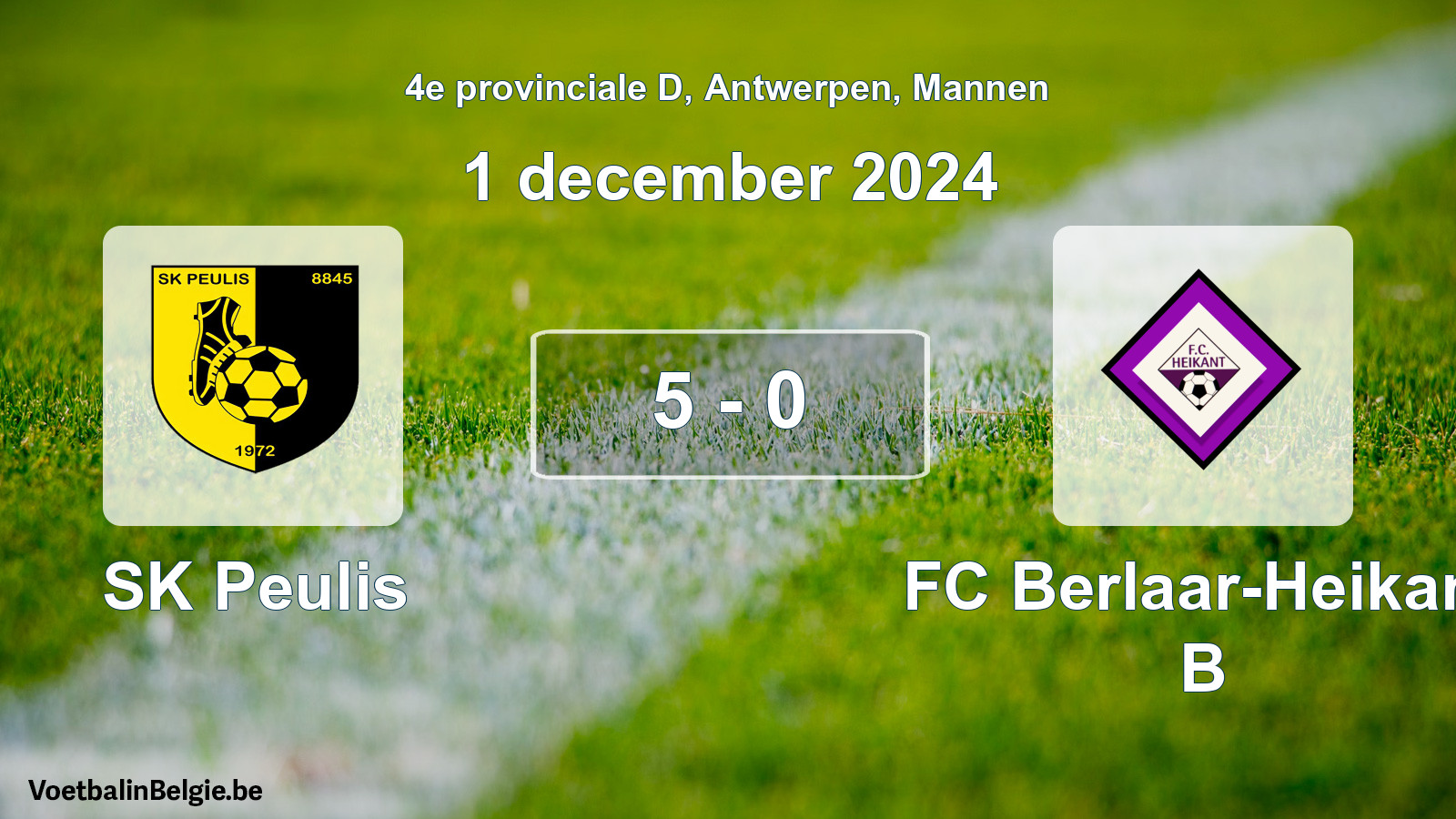 Gespeelde wedstrijd mannenvoetbal: SK Peulis - FC Berlaar-Heikant B 5 - 0 (1 december 2024)