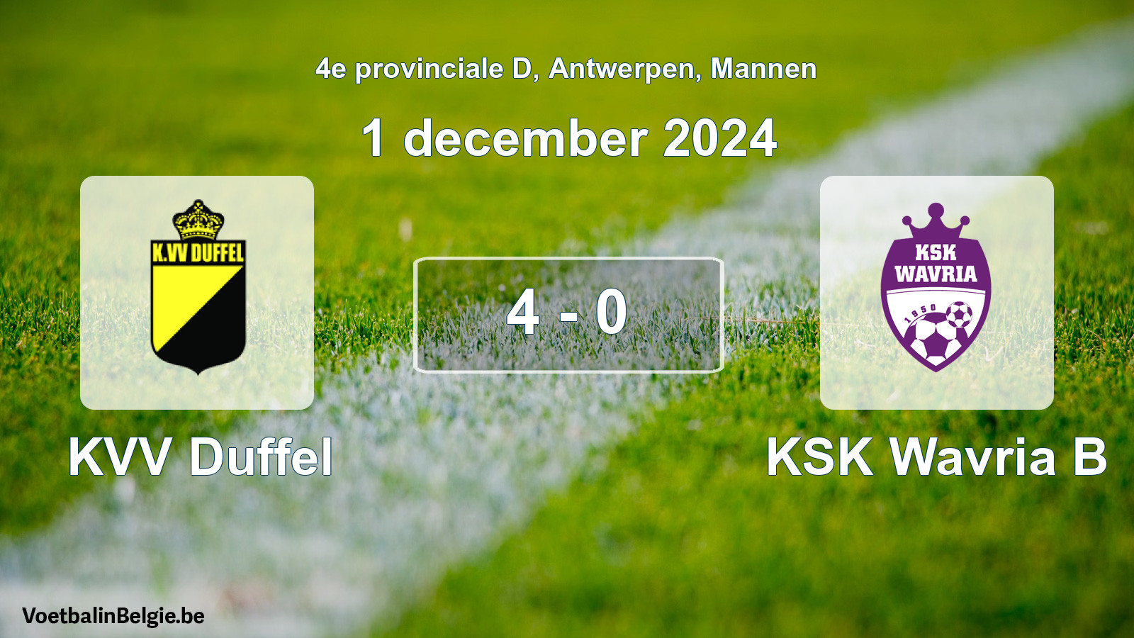Gespeelde wedstrijd mannenvoetbal: KVV Duffel - KSK Wavria B 4 - 0 (1 december 2024)