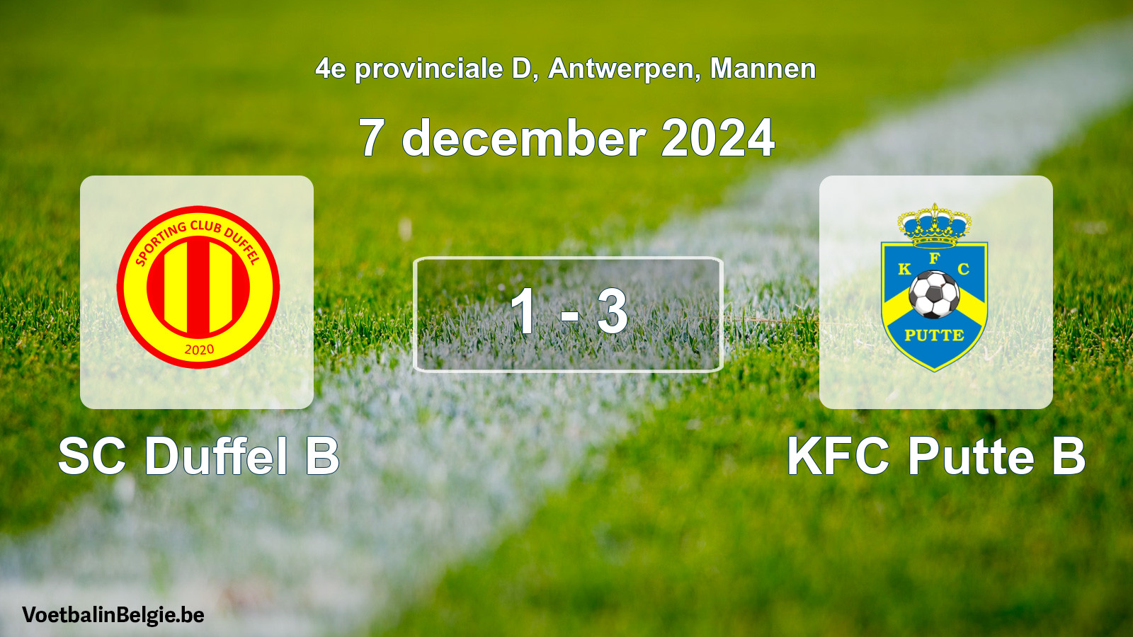 Gespeelde wedstrijd mannenvoetbal: SC Duffel B - KFC Putte B 1 - 3 (7 december 2024)