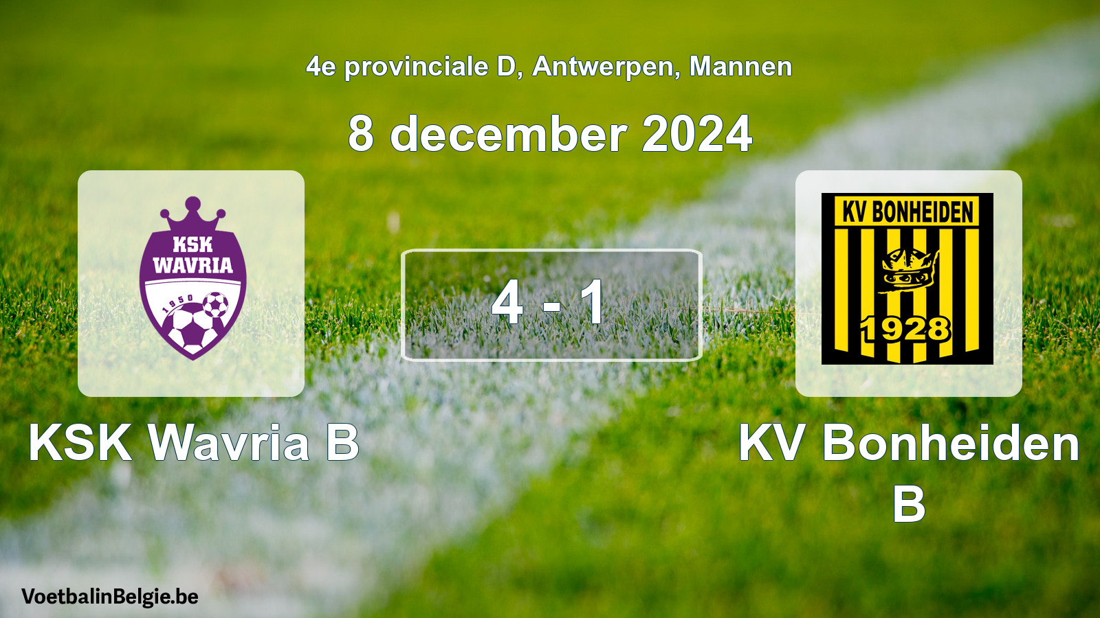 Gespeelde wedstrijd mannenvoetbal: KSK Wavria B - KV Bonheiden B 4 - 1 (8 december 2024)
