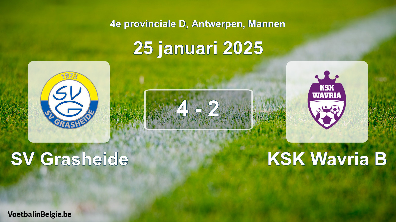 Gespeelde wedstrijd mannenvoetbal: SV Grasheide - KSK Wavria B 4 - 2 (25 januari 2025)