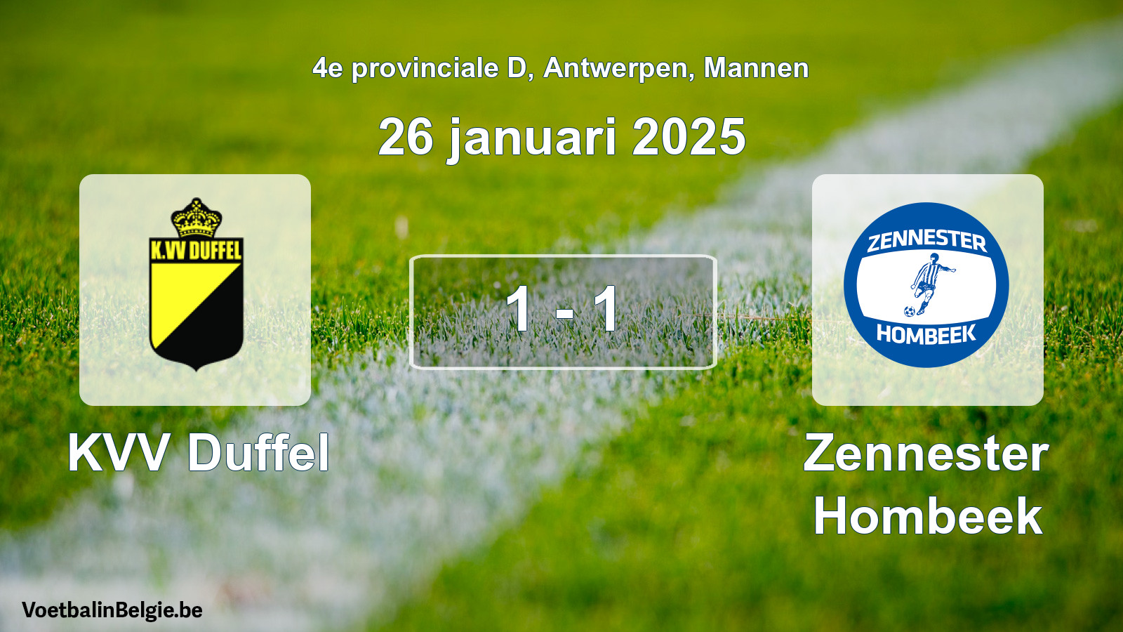 Gespeelde wedstrijd mannenvoetbal: KVV Duffel - Zennester Hombeek 1 - 1 (26 januari 2025)