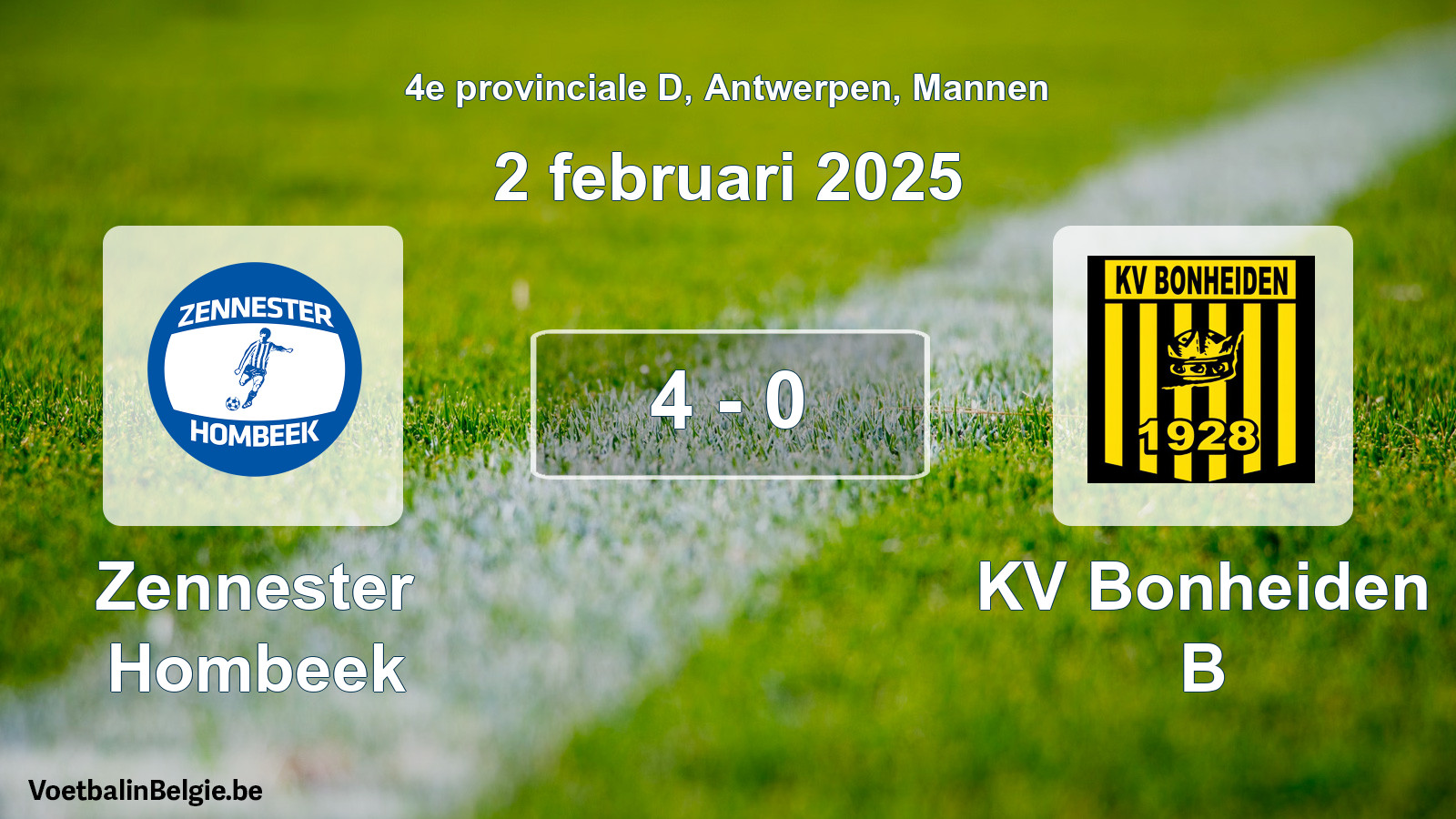 Gespeelde wedstrijd mannenvoetbal: Zennester Hombeek - KV Bonheiden B 4 - 0 (2 februari 2025)
