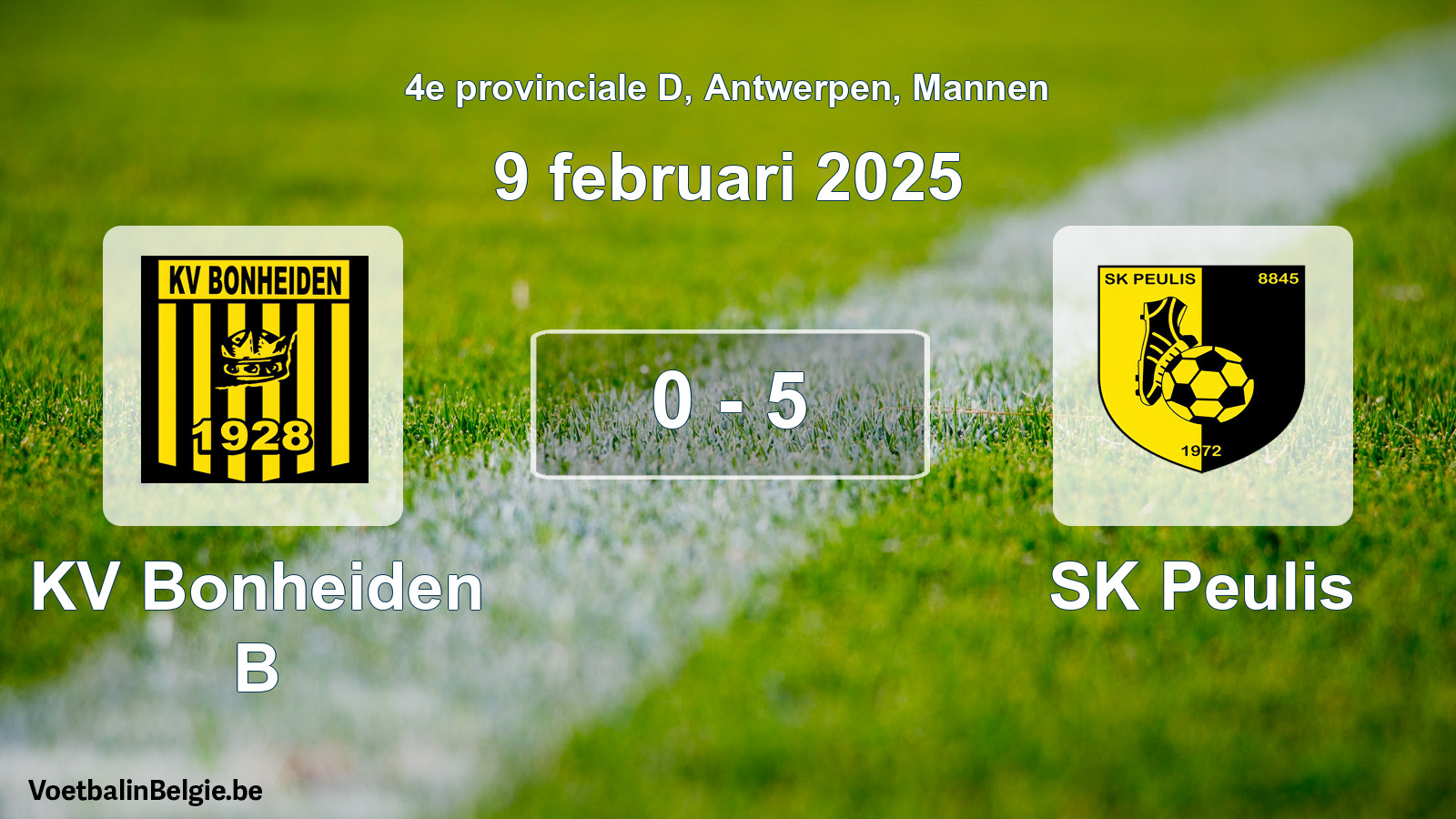 Gespeelde wedstrijd mannenvoetbal: KV Bonheiden B - SK Peulis 0 - 5 (9 februari 2025)