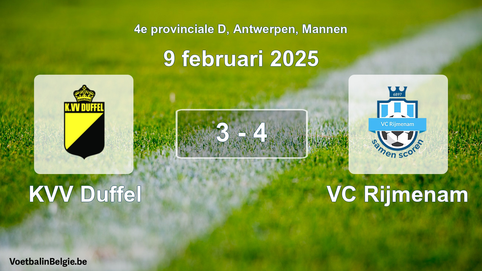 Gespeelde wedstrijd mannenvoetbal: KVV Duffel - VC Rijmenam 3 - 4 (9 februari 2025)