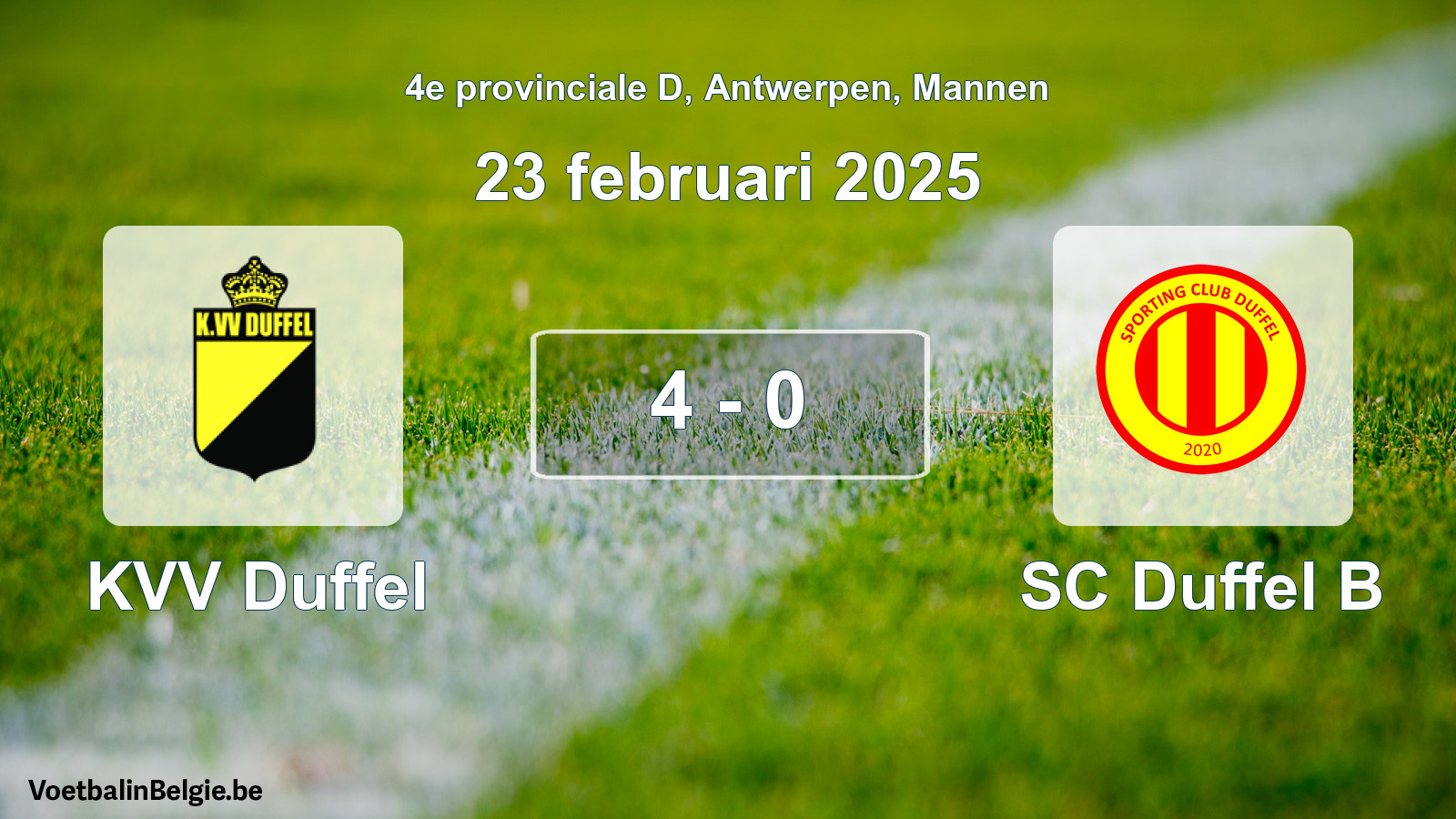 Gespeelde wedstrijd mannenvoetbal: KVV Duffel - SC Duffel B 4 - 0 (23 februari 2025)