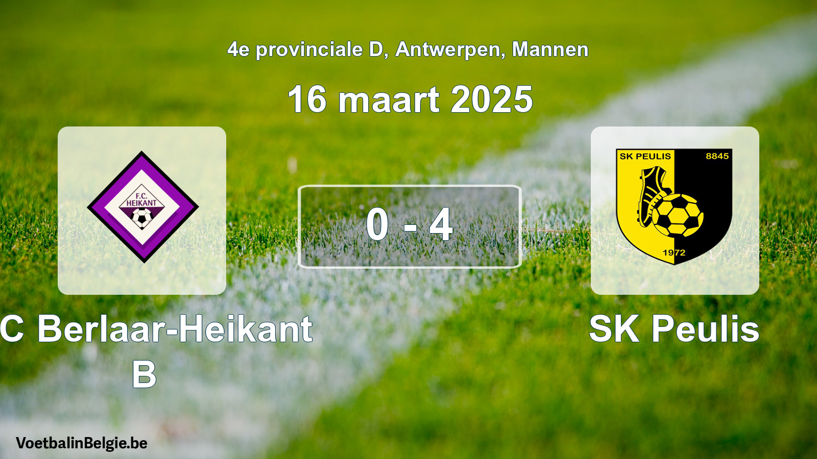 Gespeelde wedstrijd mannenvoetbal: FC Berlaar-Heikant B - SK Peulis 0 - 4 (16 maart 2025)