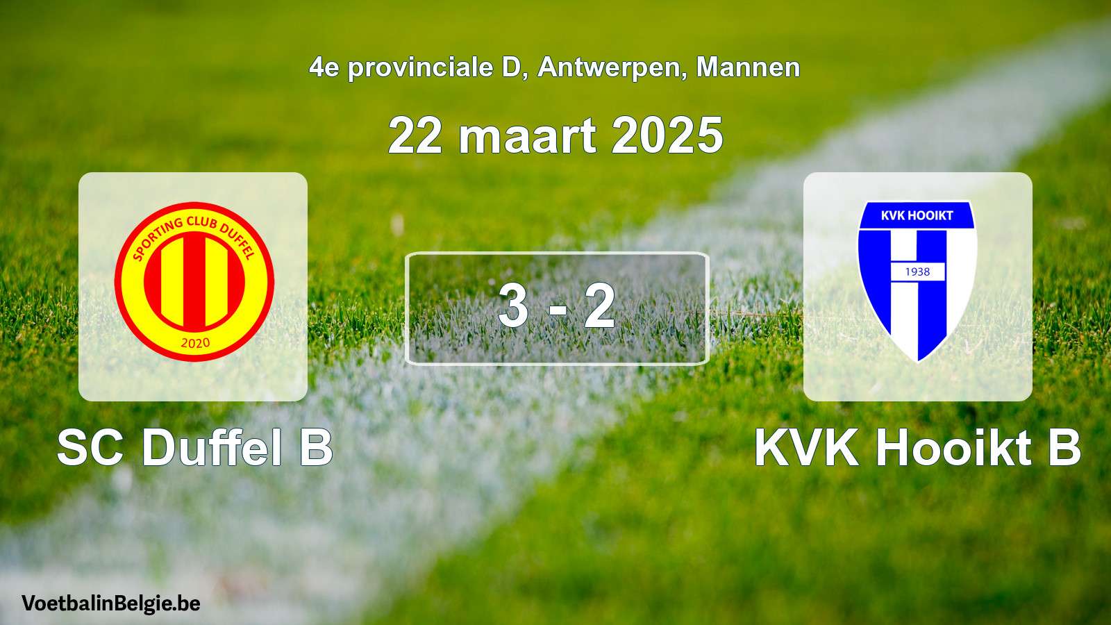 Gespeelde wedstrijd mannenvoetbal: SC Duffel B - KVK Hooikt B 3 - 2 (22 maart 2025)