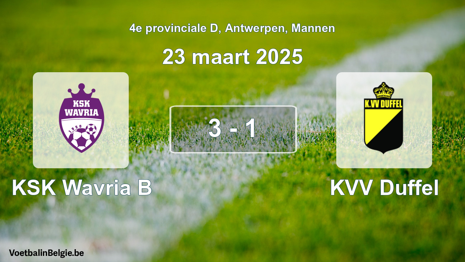 Gespeelde wedstrijd mannenvoetbal: KSK Wavria B - KVV Duffel 3 - 1 (23 maart 2025)