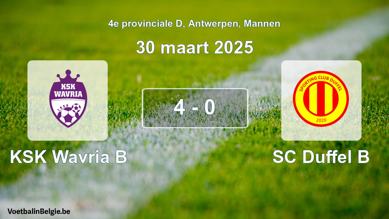 Gespeelde wedstrijd mannenvoetbal: KSK Wavria B - SC Duffel B 4 - 0 (30 maart 2025)