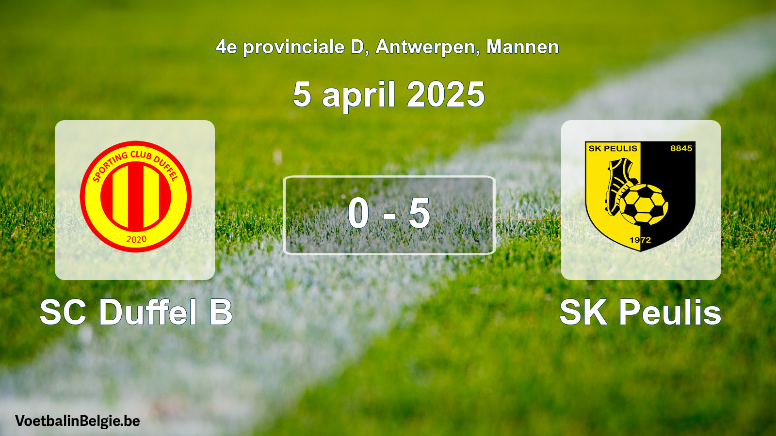 Gespeelde wedstrijd mannenvoetbal: SC Duffel B - SK Peulis 0 - 5 (5 april 2025)