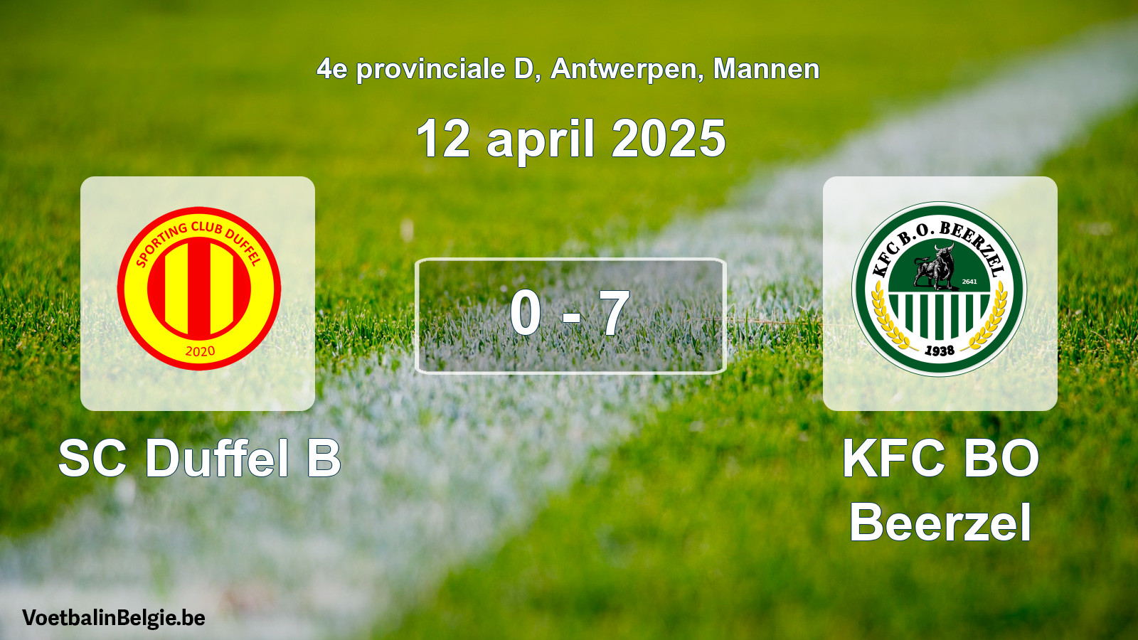 Gespeelde wedstrijd mannenvoetbal: SC Duffel B - KFC BO Beerzel 0 - 7 (12 april 2025)