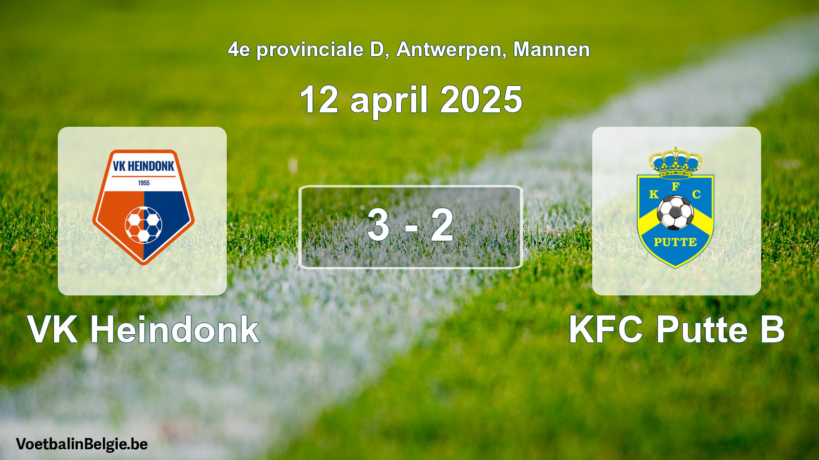 Gespeelde wedstrijd mannenvoetbal: VK Heindonk - KFC Putte B 3 - 2 (12 april 2025)