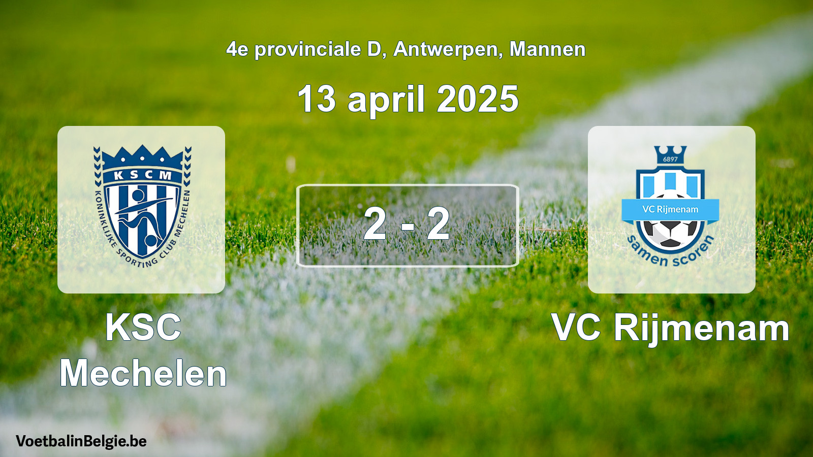 Gespeelde wedstrijd mannenvoetbal: KSC Mechelen - VC Rijmenam 2 - 2 (13 april 2025)