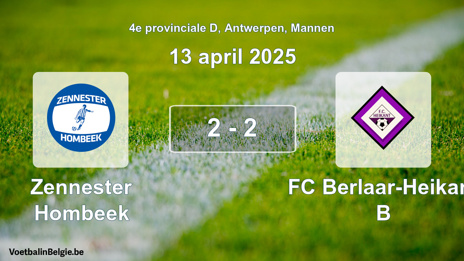 Gespeelde wedstrijd mannenvoetbal: Zennester Hombeek - FC Berlaar-Heikant B 2 - 2 (13 april 2025)