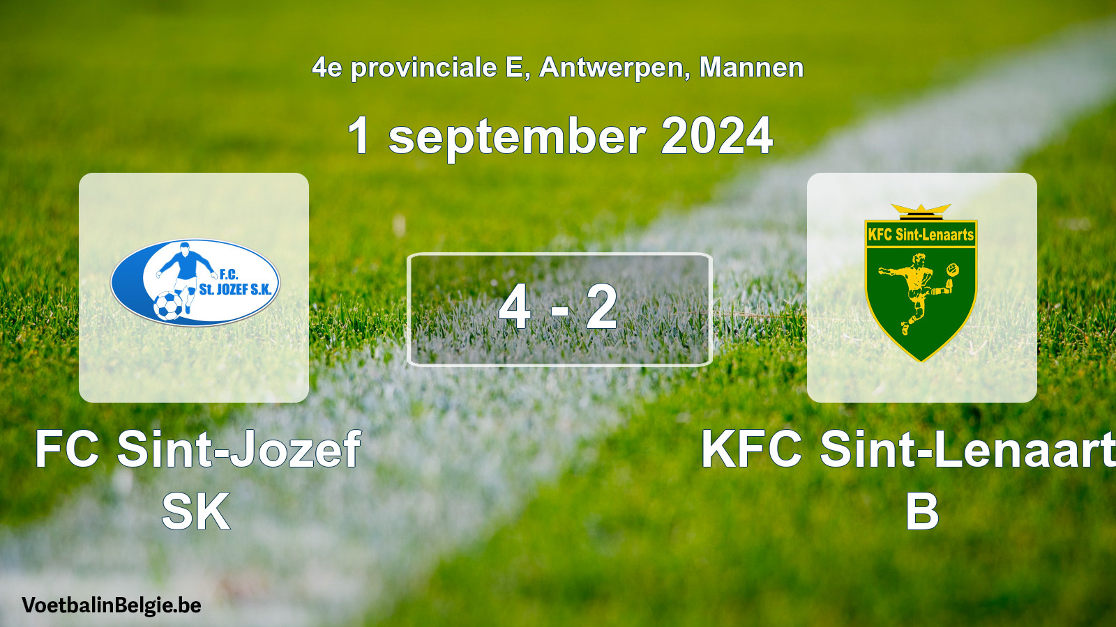 Gespeelde wedstrijd mannenvoetbal: FC Sint-Jozef SK - KFC Sint-Lenaarts B 4 - 2 (1 september 2024)
