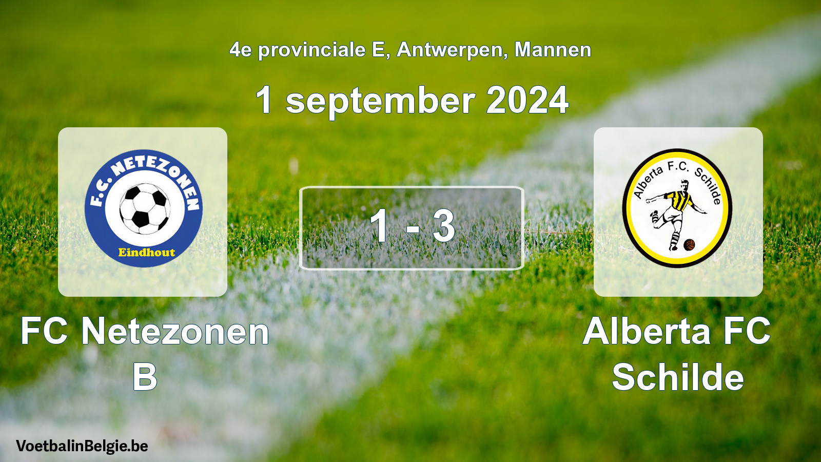 Gespeelde wedstrijd mannenvoetbal: FC Netezonen B - Alberta FC Schilde 1 - 3 (1 september 2024)
