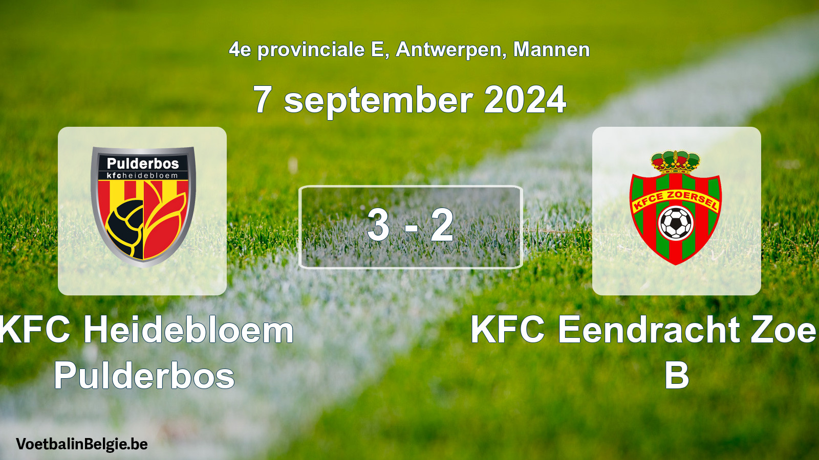 Gespeelde wedstrijd mannenvoetbal: KFC Heidebloem Pulderbos - KFC Eendracht Zoersel B 3 - 2 (7 september 2024)