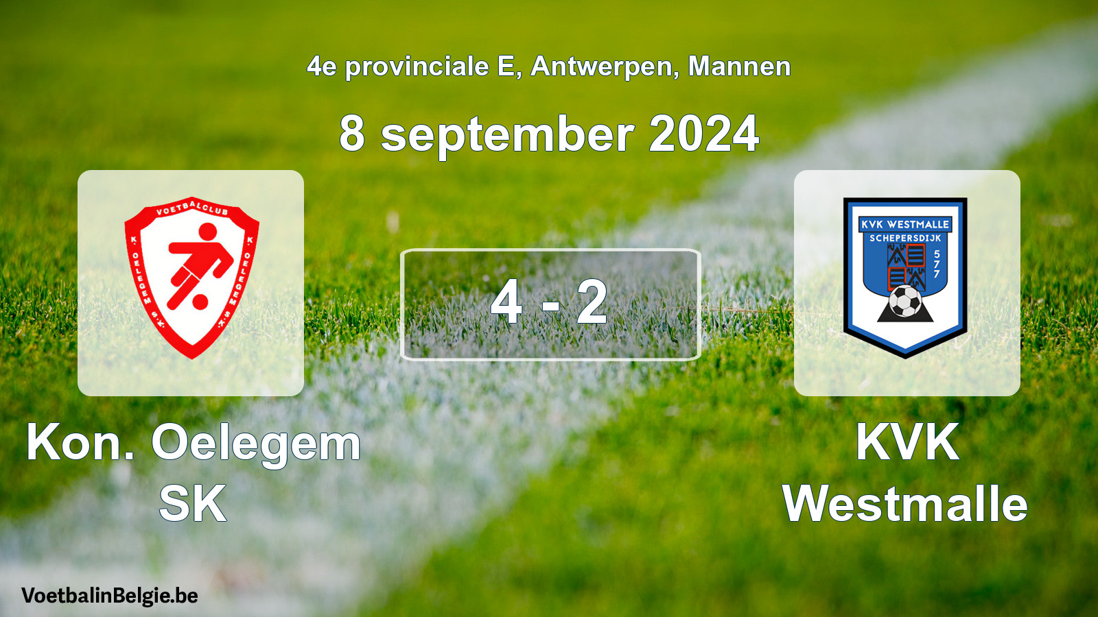 Gespeelde wedstrijd mannenvoetbal: Kon. Oelegem SK - KVK Westmalle 4 - 2 (8 september 2024)