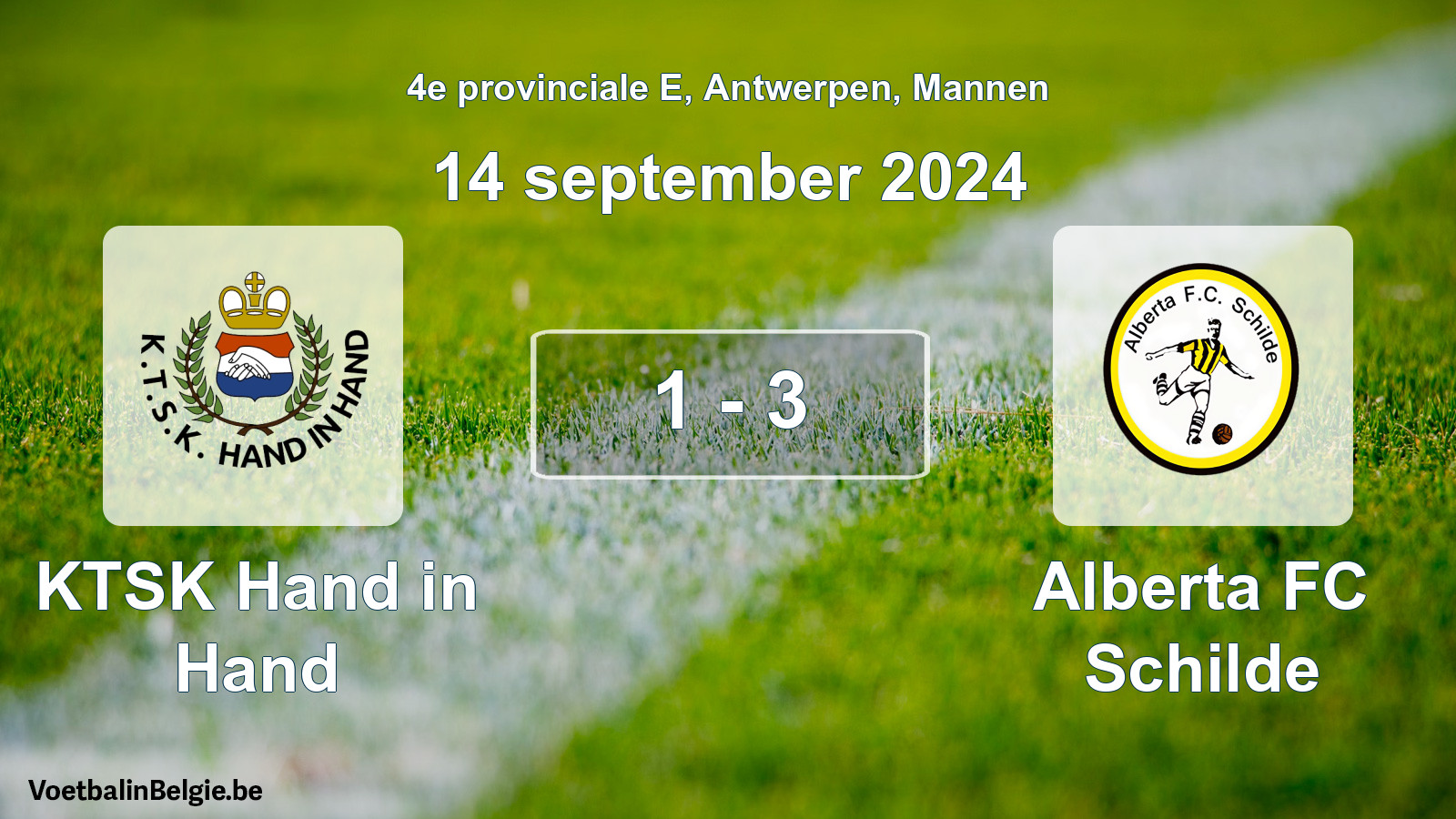 Gespeelde wedstrijd mannenvoetbal: KTSK Hand in Hand - Alberta FC Schilde 1 - 3 (14 september 2024)
