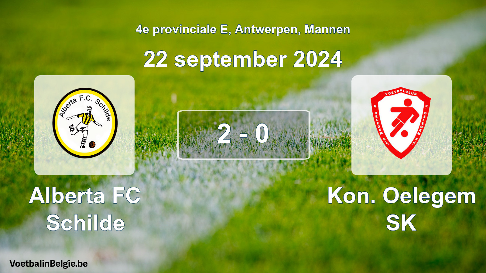 Gespeelde wedstrijd mannenvoetbal: Alberta FC Schilde - Kon. Oelegem SK 2 - 0 (22 september 2024)