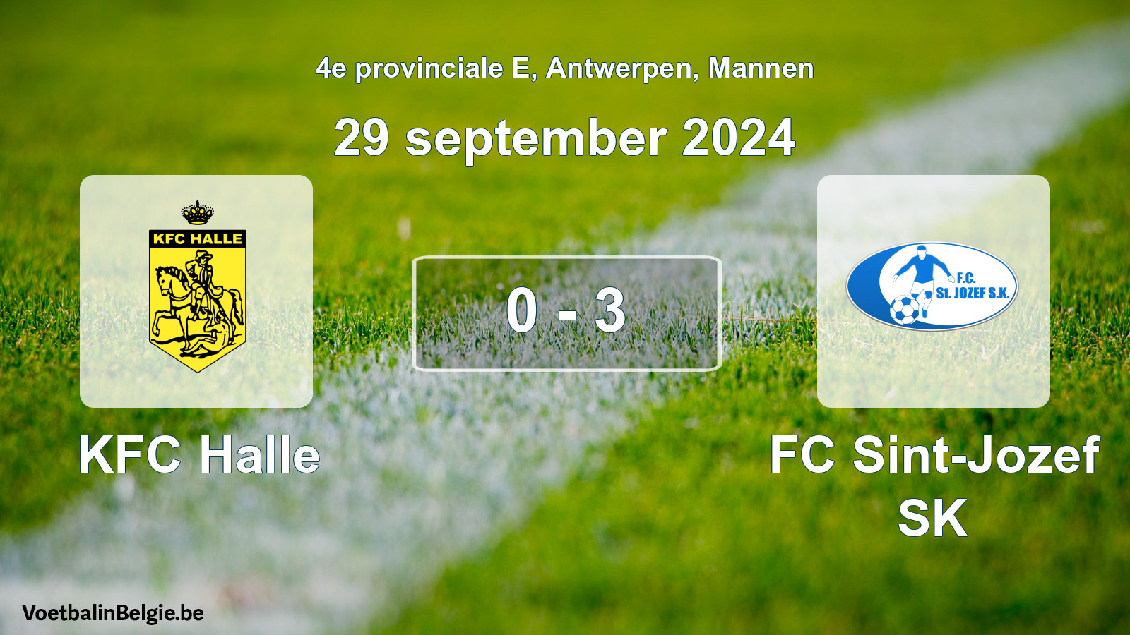 Gespeelde wedstrijd mannenvoetbal: KFC Halle - FC Sint-Jozef SK 0 - 3 (29 september 2024)