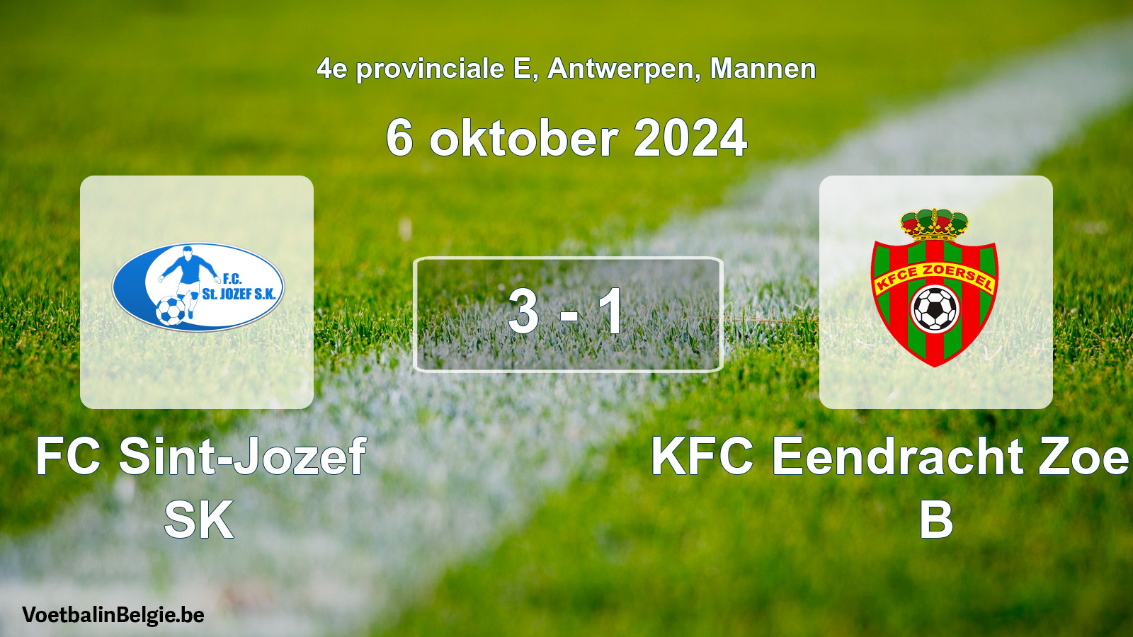 Gespeelde wedstrijd mannenvoetbal: FC Sint-Jozef SK - KFC Eendracht Zoersel B 3 - 1 (6 oktober 2024)