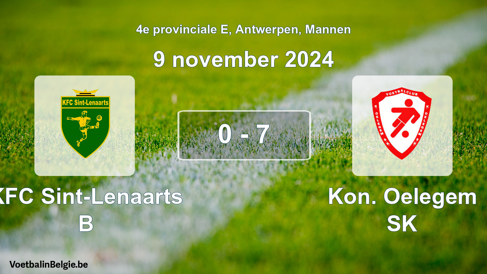 Gespeelde wedstrijd mannenvoetbal: KFC Sint-Lenaarts B - Kon. Oelegem SK 0 - 7 (9 november 2024)