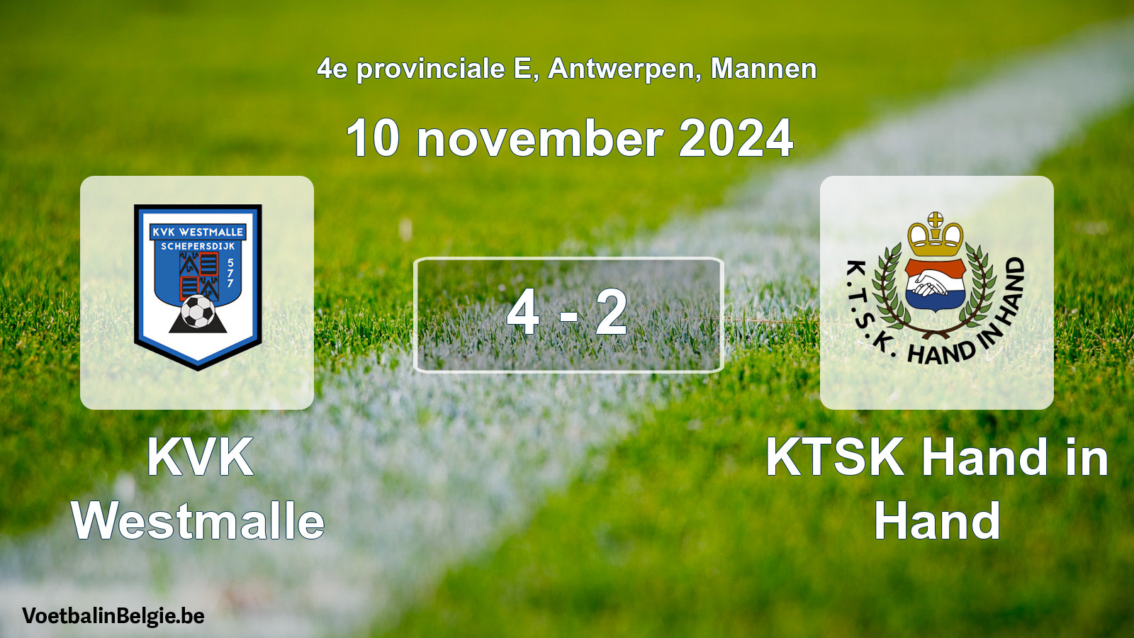 Gespeelde wedstrijd mannenvoetbal: KVK Westmalle - KTSK Hand in Hand 4 - 2 (10 november 2024)