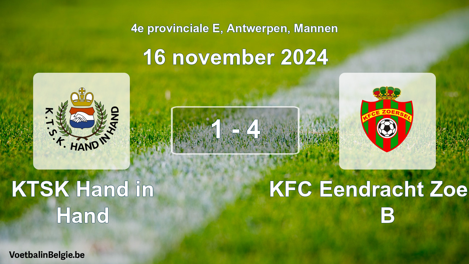 Gespeelde wedstrijd mannenvoetbal: KTSK Hand in Hand - KFC Eendracht Zoersel B 1 - 4 (16 november 2024)
