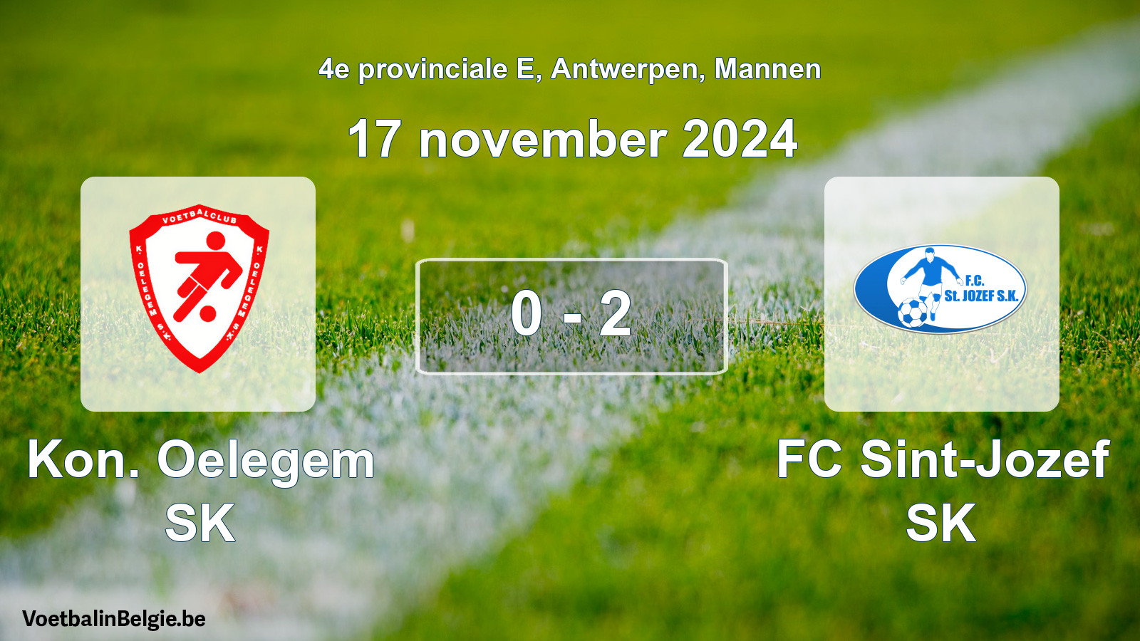 Gespeelde wedstrijd mannenvoetbal: Kon. Oelegem SK - FC Sint-Jozef SK 0 - 2 (17 november 2024)