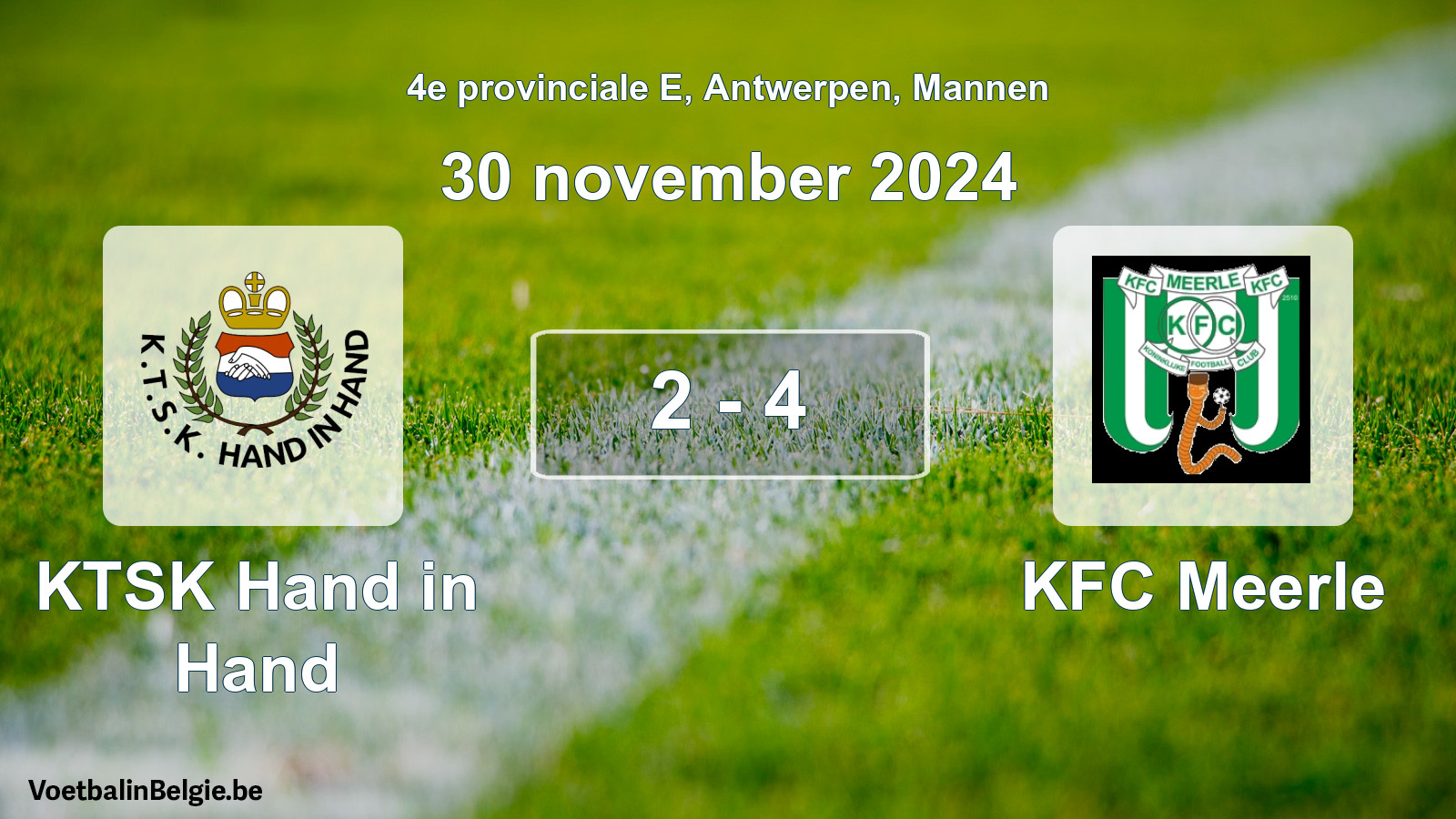 Gespeelde wedstrijd mannenvoetbal: KTSK Hand in Hand - KFC Meerle 2 - 4 (30 november 2024)