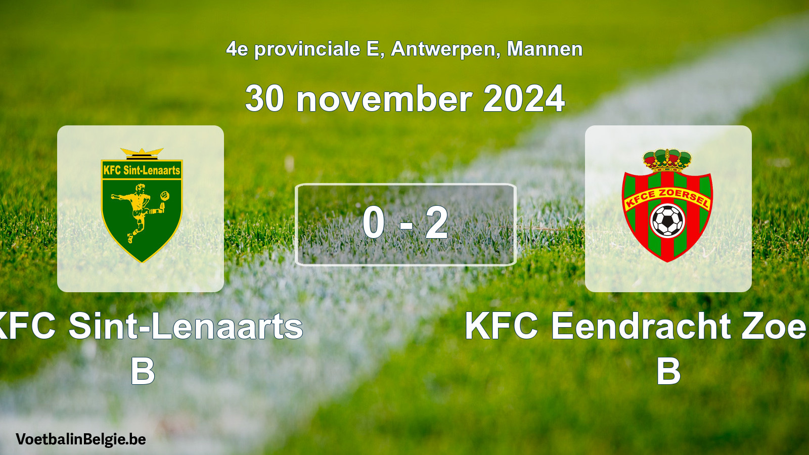 Gespeelde wedstrijd mannenvoetbal: KFC Sint-Lenaarts B - KFC Eendracht Zoersel B 0 - 2 (30 november 2024)