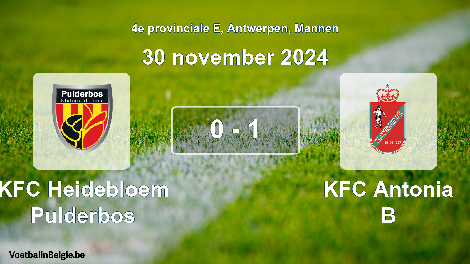 Gespeelde wedstrijd mannenvoetbal: KFC Heidebloem Pulderbos - KFC Antonia B 0 - 1 (30 november 2024)