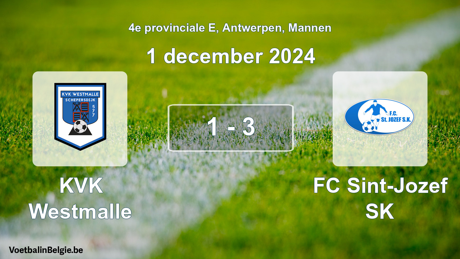 Gespeelde wedstrijd mannenvoetbal: KVK Westmalle - FC Sint-Jozef SK 1 - 3 (1 december 2024)