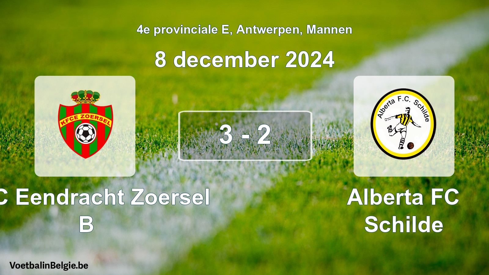 Gespeelde wedstrijd mannenvoetbal: KFC Eendracht Zoersel B - Alberta FC Schilde 3 - 2 (8 december 2024)