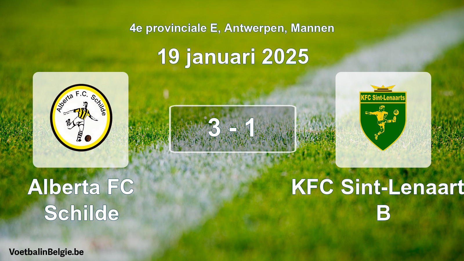 Gespeelde wedstrijd mannenvoetbal: Alberta FC Schilde - KFC Sint-Lenaarts B 3 - 1 (19 januari 2025)