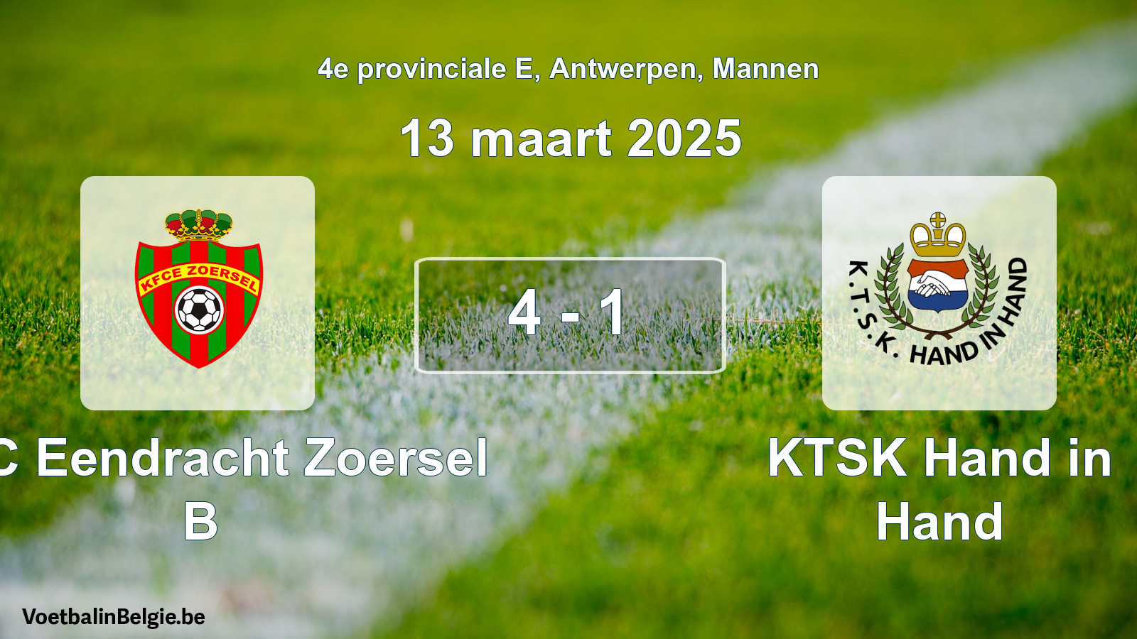 Gespeelde wedstrijd mannenvoetbal: KFC Eendracht Zoersel B - KTSK Hand in Hand 4 - 1 (13 maart 2025)