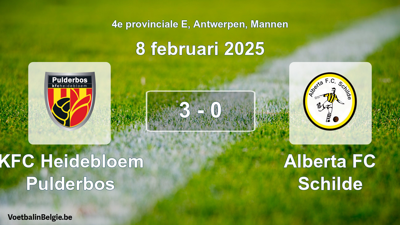 Gespeelde wedstrijd mannenvoetbal: KFC Heidebloem Pulderbos - Alberta FC Schilde 3 - 0 (8 februari 2025)