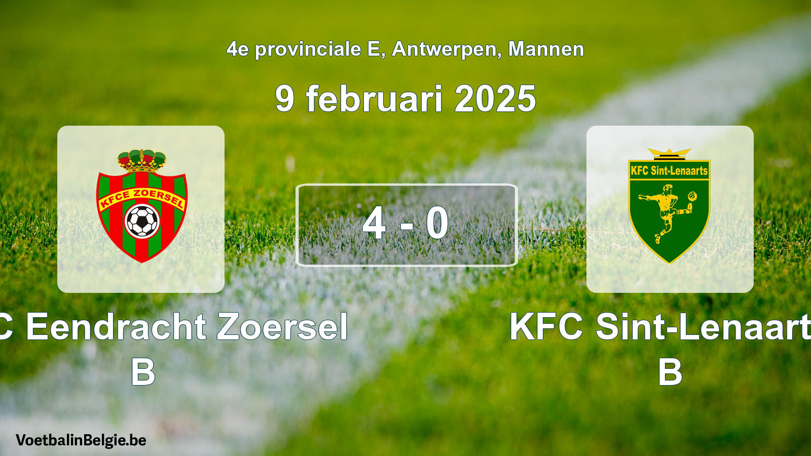 Gespeelde wedstrijd mannenvoetbal: KFC Eendracht Zoersel B - KFC Sint-Lenaarts B 4 - 0 (9 februari 2025)