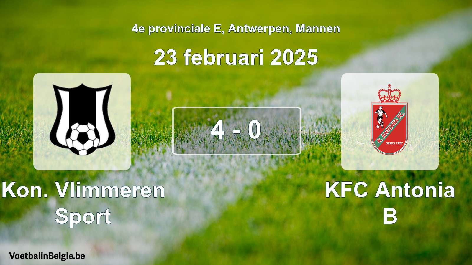 Gespieltes Spiel männer-Fußball: Kon. Vlimmeren Sport - KFC Antonia B 4 - 0 (23 Februar 2025)