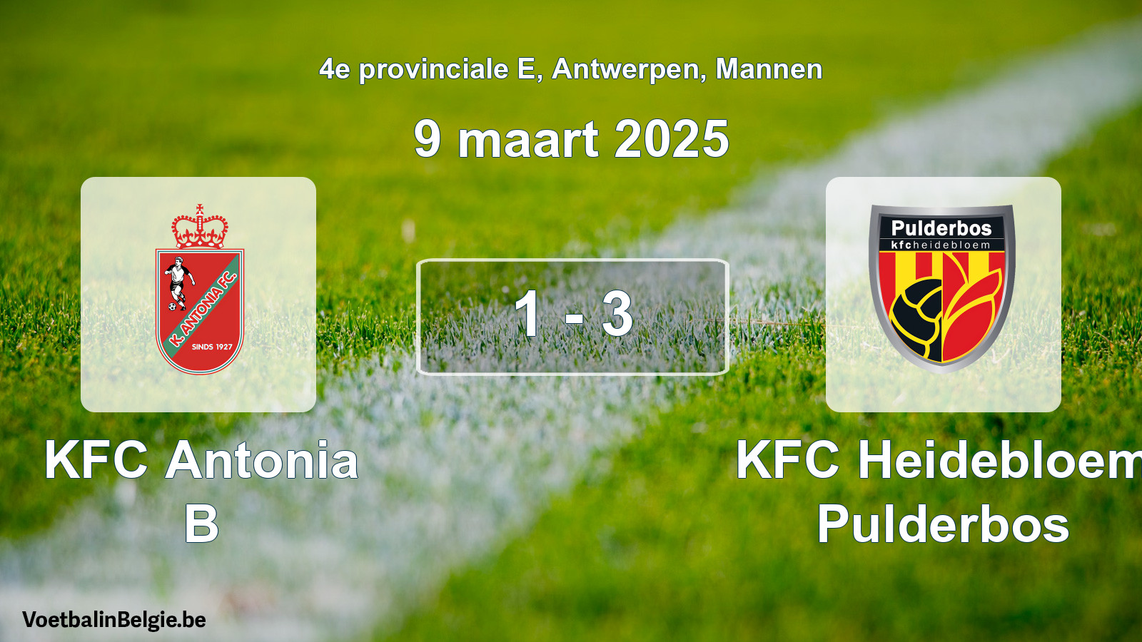 Gespeelde wedstrijd mannenvoetbal: KFC Antonia B - KFC Heidebloem Pulderbos 1 - 3 (9 maart 2025)