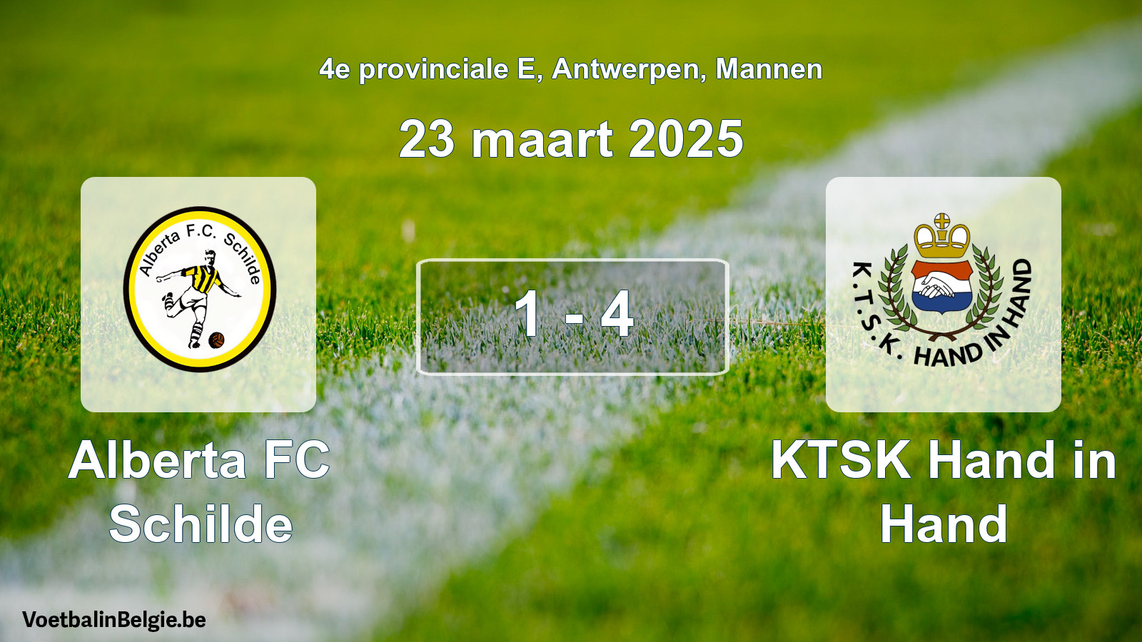 Gespeelde wedstrijd mannenvoetbal: Alberta FC Schilde - KTSK Hand in Hand 1 - 4 (23 maart 2025)