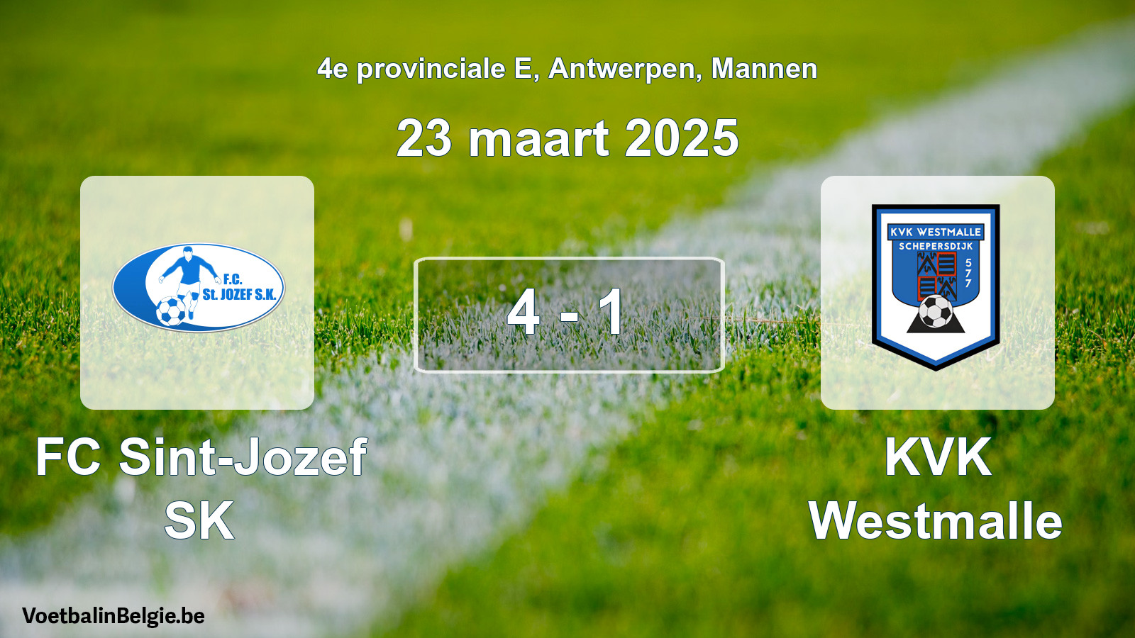 Gespeelde wedstrijd mannenvoetbal: FC Sint-Jozef SK - KVK Westmalle 4 - 1 (23 maart 2025)