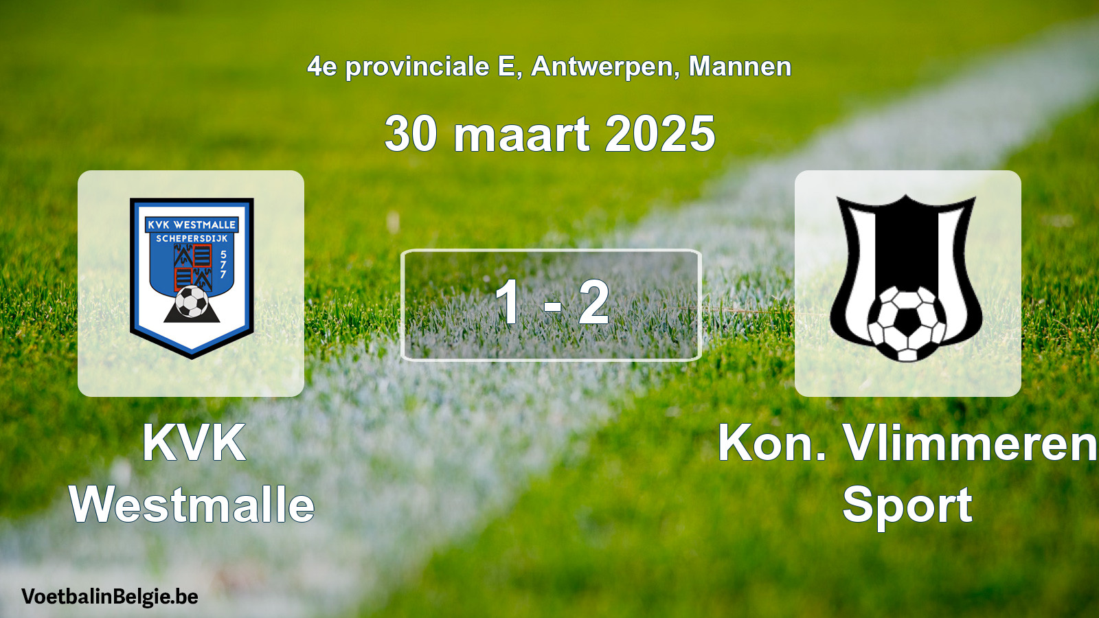 Gespeelde wedstrijd mannenvoetbal: KVK Westmalle - Kon. Vlimmeren Sport 1 - 2 (30 maart 2025)