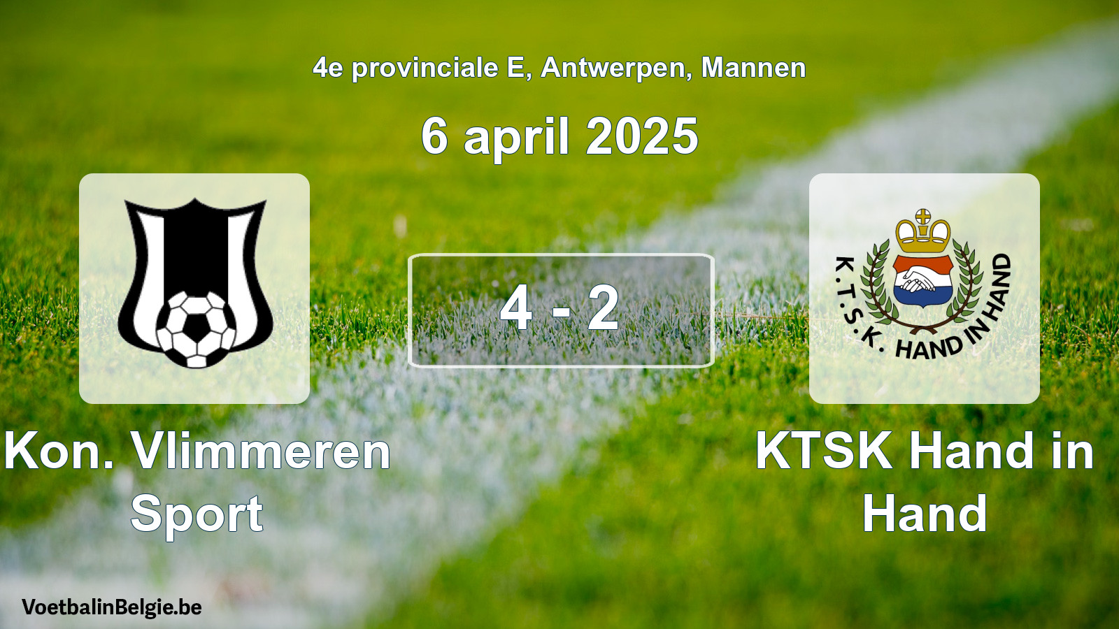 Gespeelde wedstrijd mannenvoetbal: Kon. Vlimmeren Sport - KTSK Hand in Hand 4 - 2 (6 april 2025)
